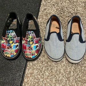 Two pairs of little boys slip on shoes.